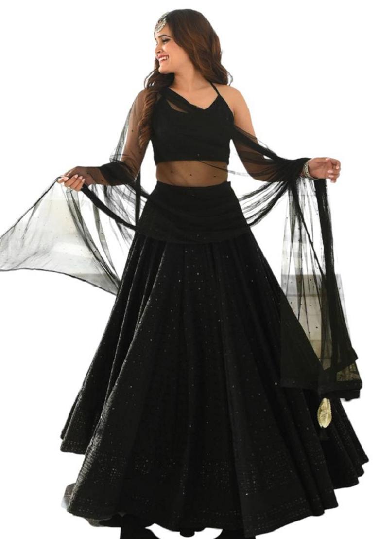 Black Embroidered Georgette Lehenga Set