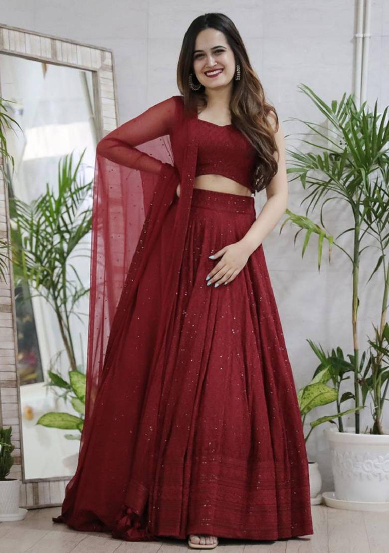 Maroon Embroidered Georgette Lehenga Set