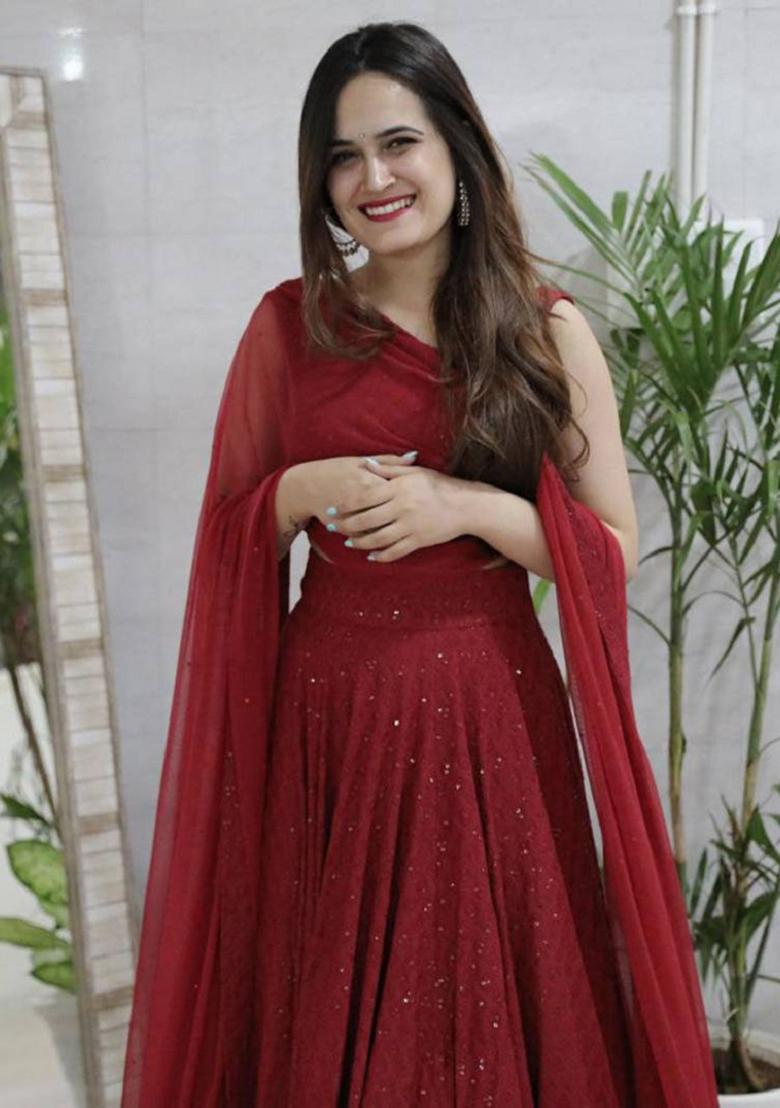 Maroon Embroidered Georgette Lehenga Set