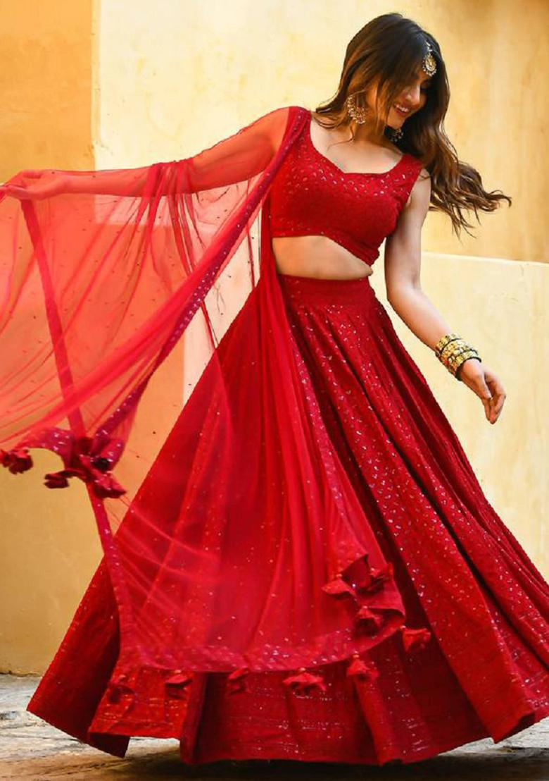 Red Embroidered Georgette Lehenga Set