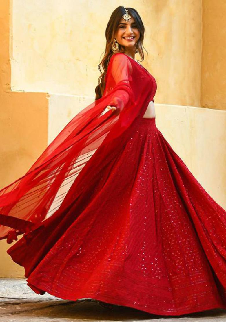 Red Embroidered Georgette Lehenga Set