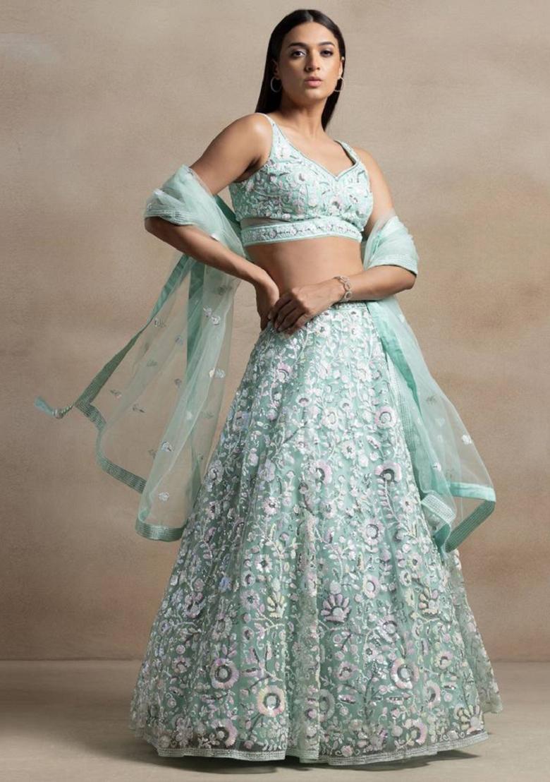 Sky Blue Embroidered Net Lehenga Set