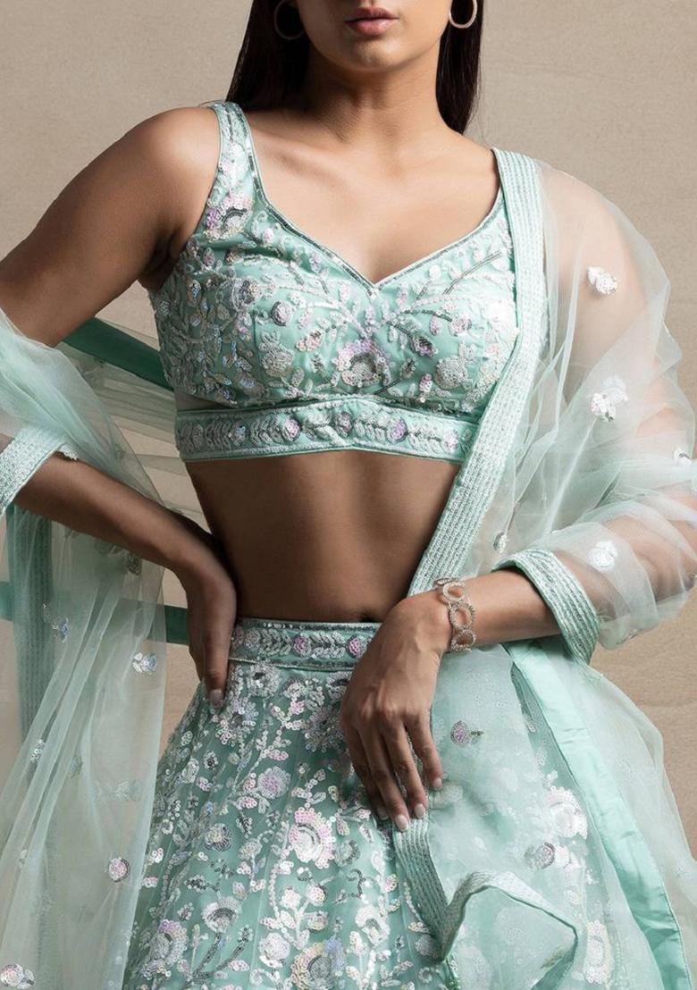 Sky Blue Embroidered Net Lehenga Set