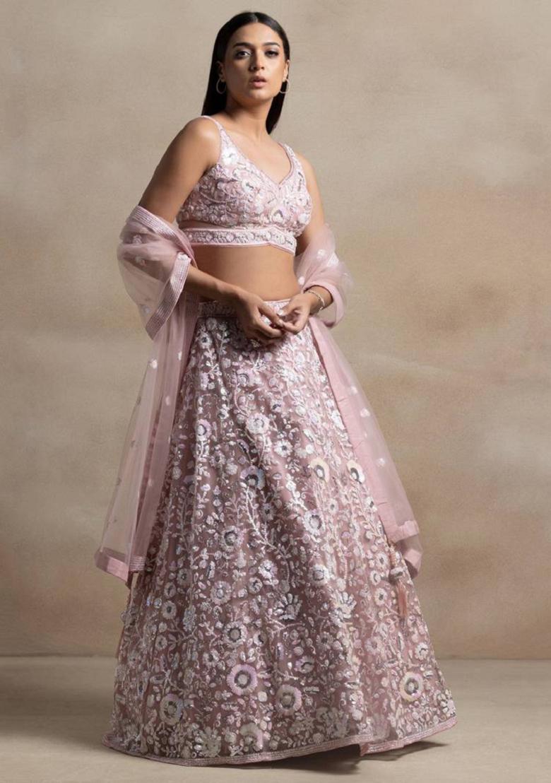 Pink Embroidered Net Lehenga Set