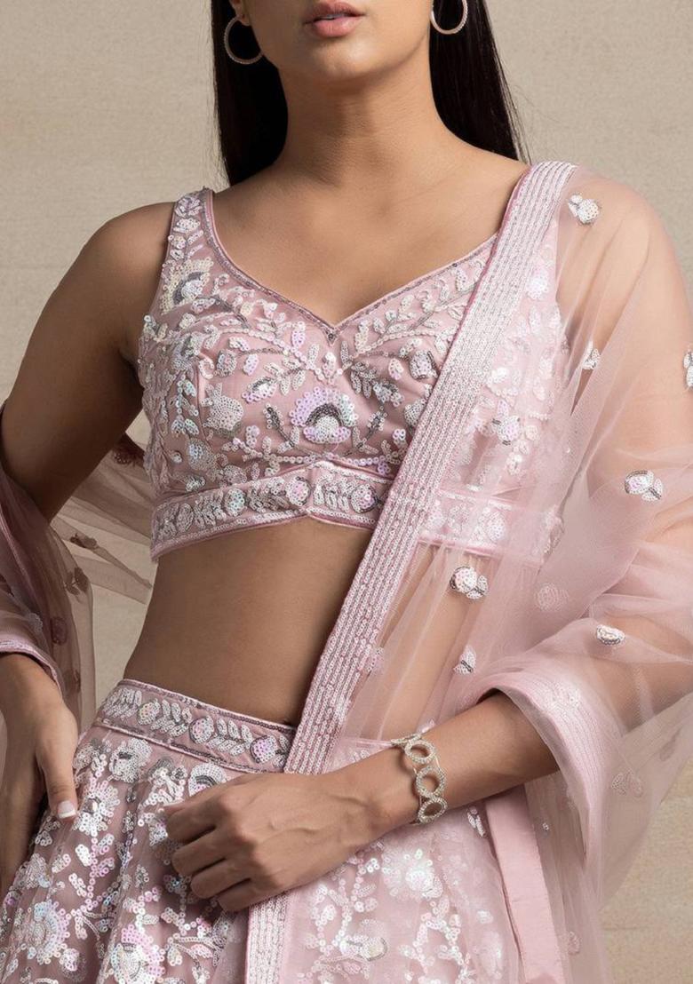 Pink Embroidered Net Lehenga Set