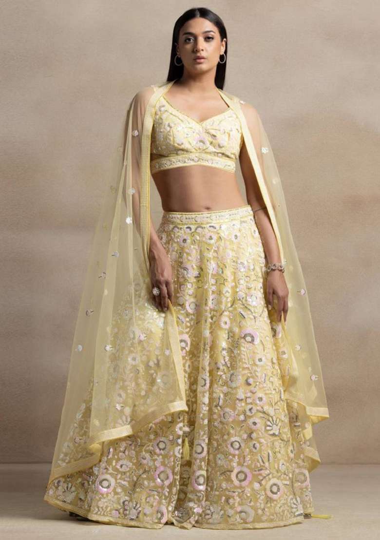 Yellow Embroidered Net Lehenga Set for Diwali and Festive Wear - Indya