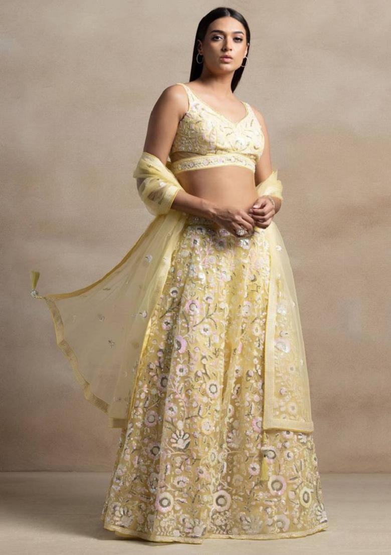 Yellow Embroidered Net Lehenga Set
