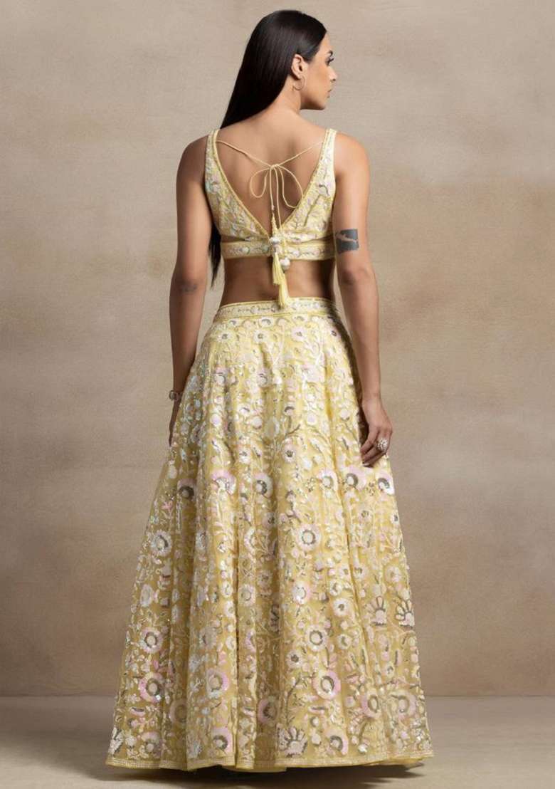 Yellow Embroidered Net Lehenga Set for Diwali and Festive Wear - Indya