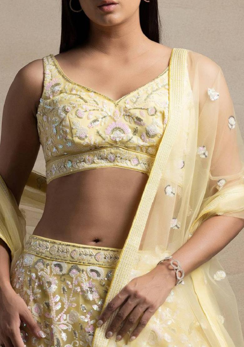 Yellow Embroidered Net Lehenga Set