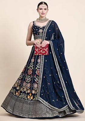 Navy Blue Embroidered Georgette Lehenga Set