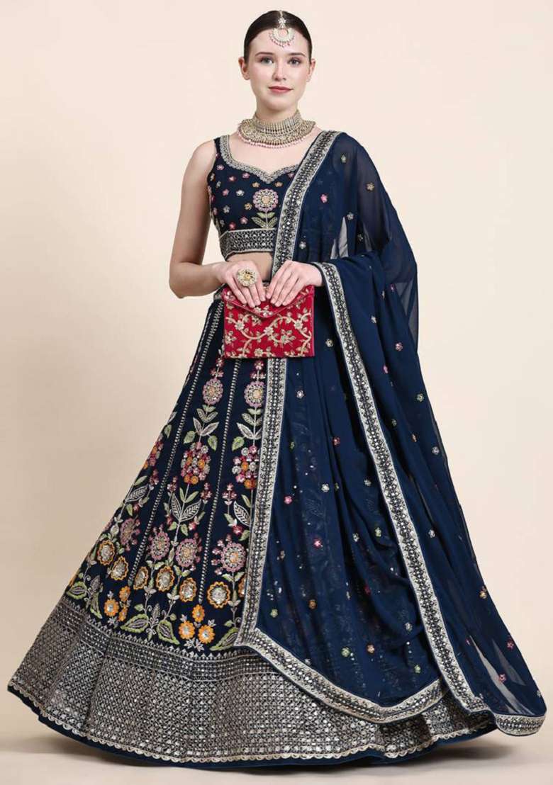 Navy Blue Embroidered Georgette Lehenga Set for Diwali and Festive Wear - Indya
