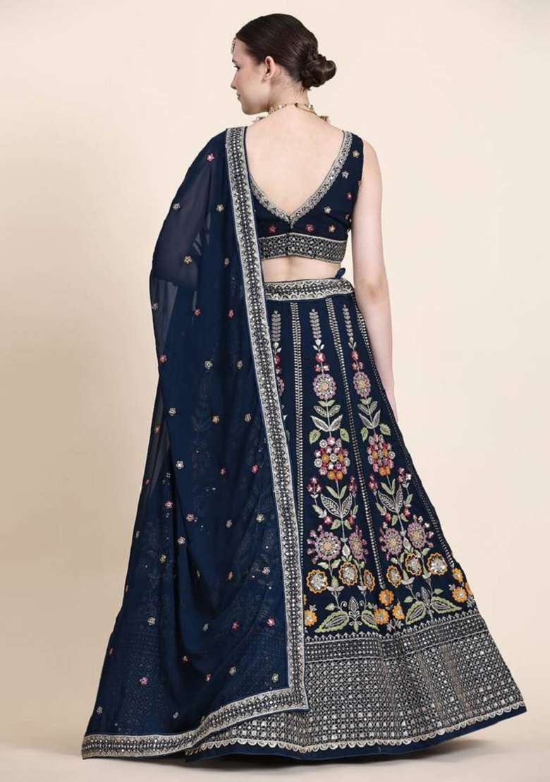 Navy Blue Embroidered Georgette Lehenga Set for Diwali and Festive Wear - Indya