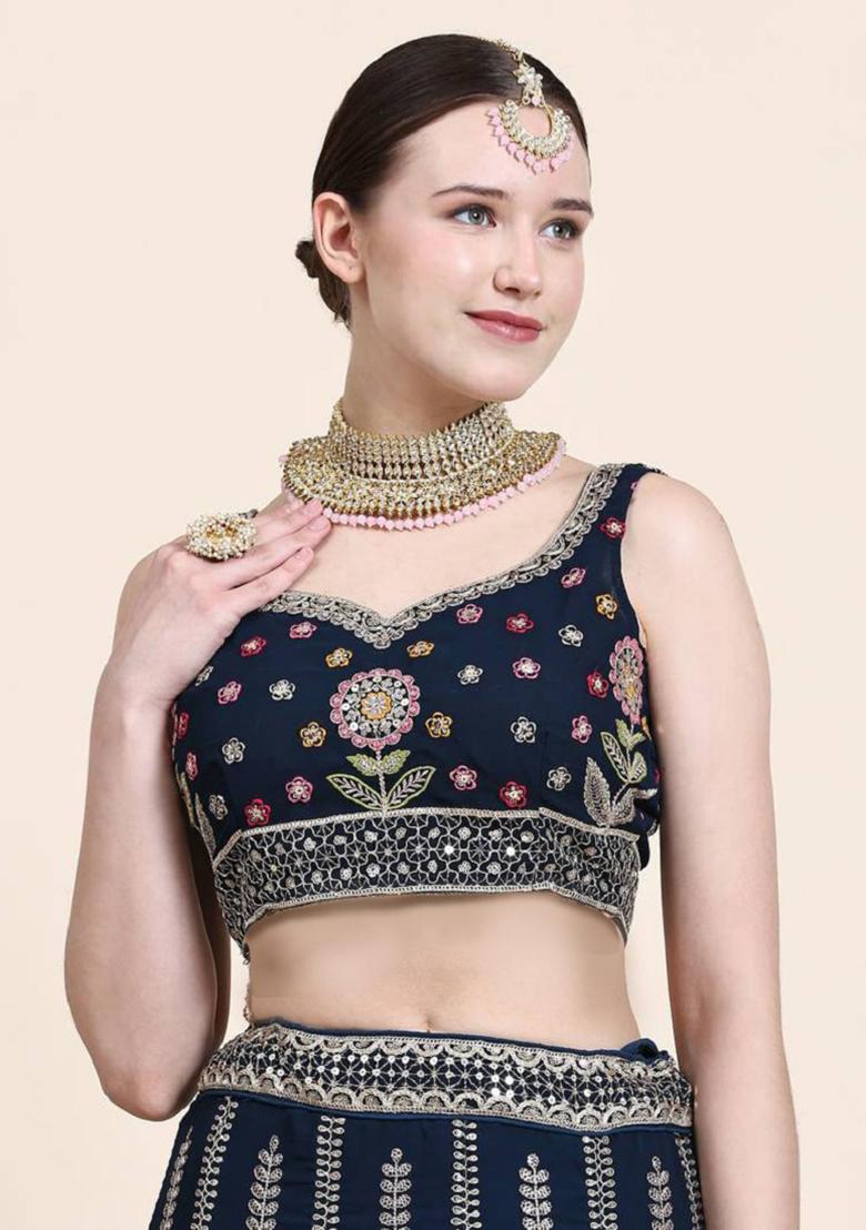 Navy Blue Embroidered Georgette Lehenga Set
