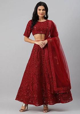 Maroon Embroidered Net Lehenga Set