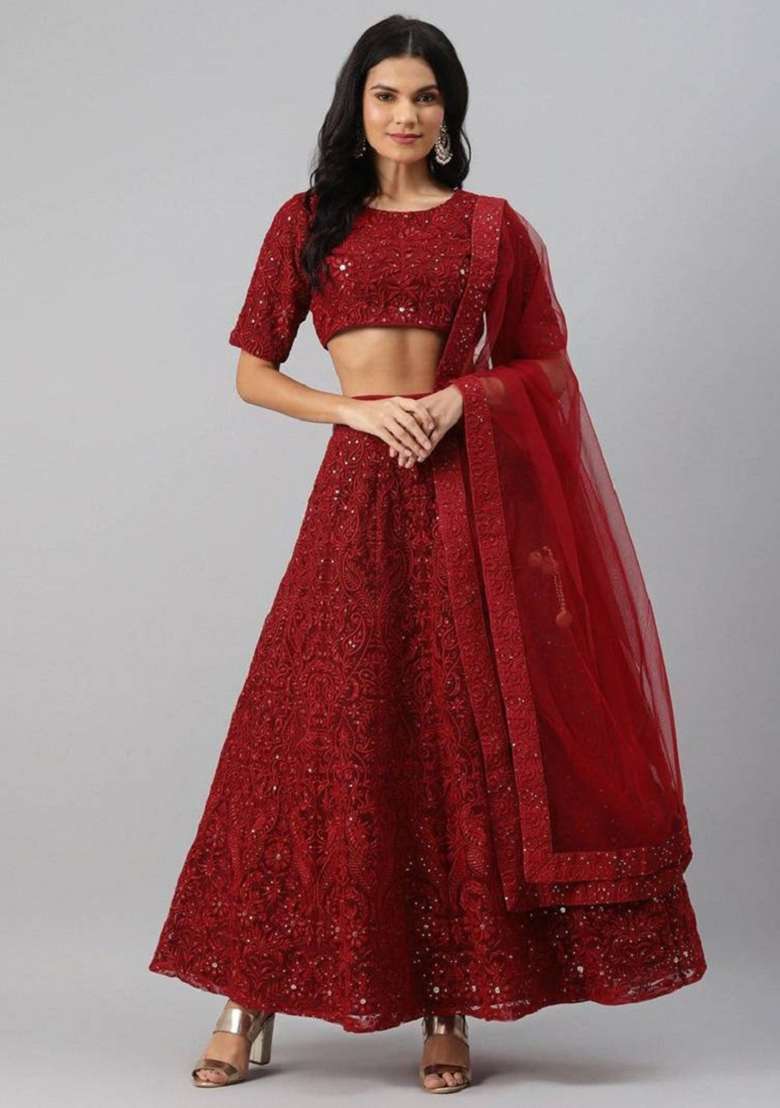 Maroon Embroidered Net Lehenga Set - Indya