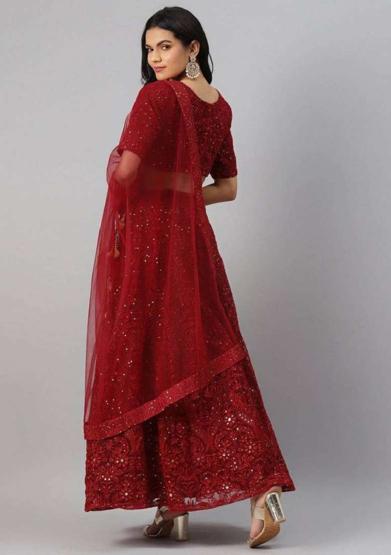 Maroon Embroidered Net Lehenga Set - Indya