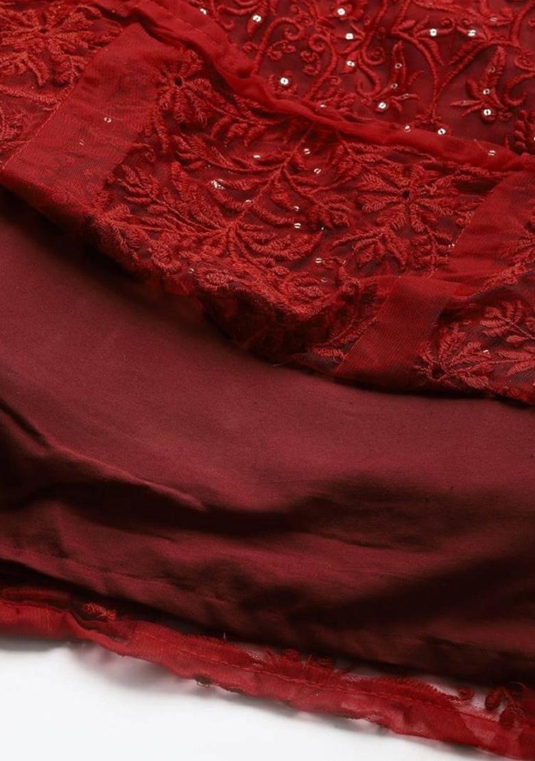 Maroon Embroidered Net Lehenga Set