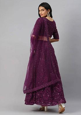 Purple Embroidered Net Lehenga Set