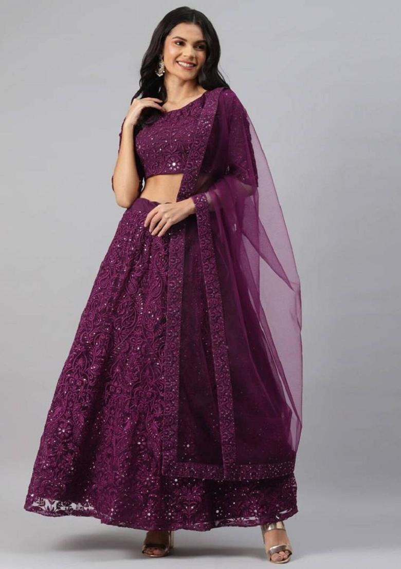 Purple Embroidered Net Lehenga Set