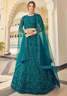 Teal Green Embroidered Net Lehenga Set