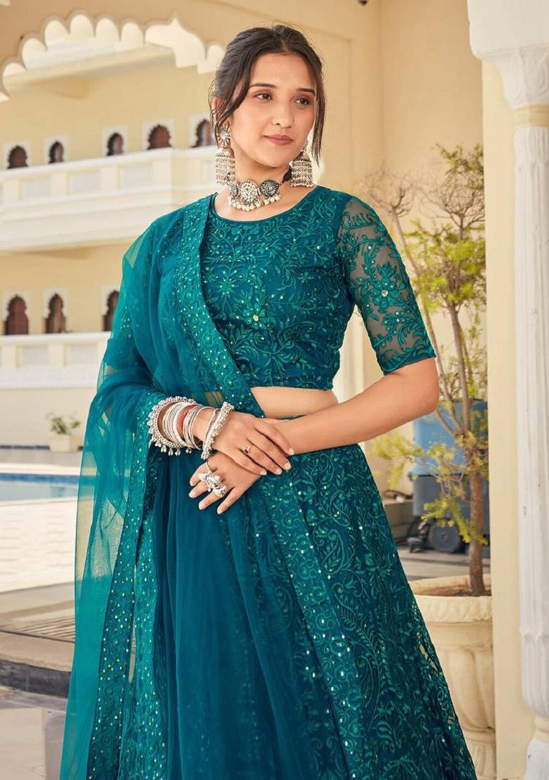 Teal Green Embroidered Net Lehenga Set