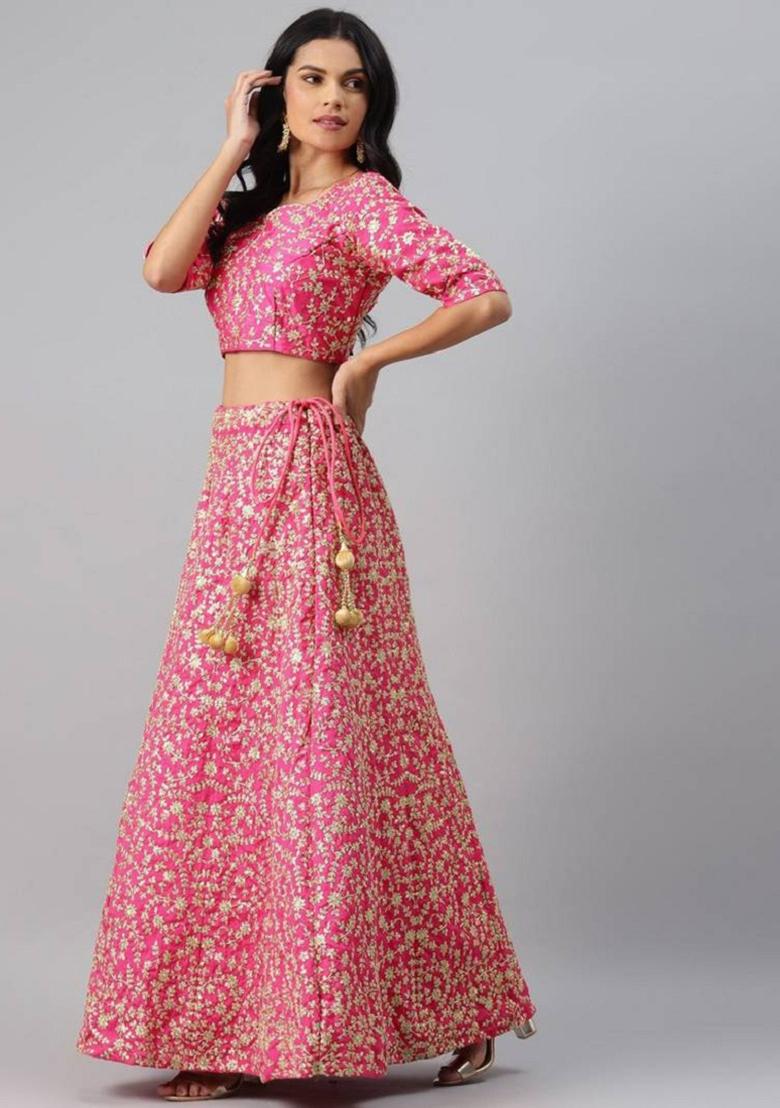 Pink Embroidered Silk Lehenga Set