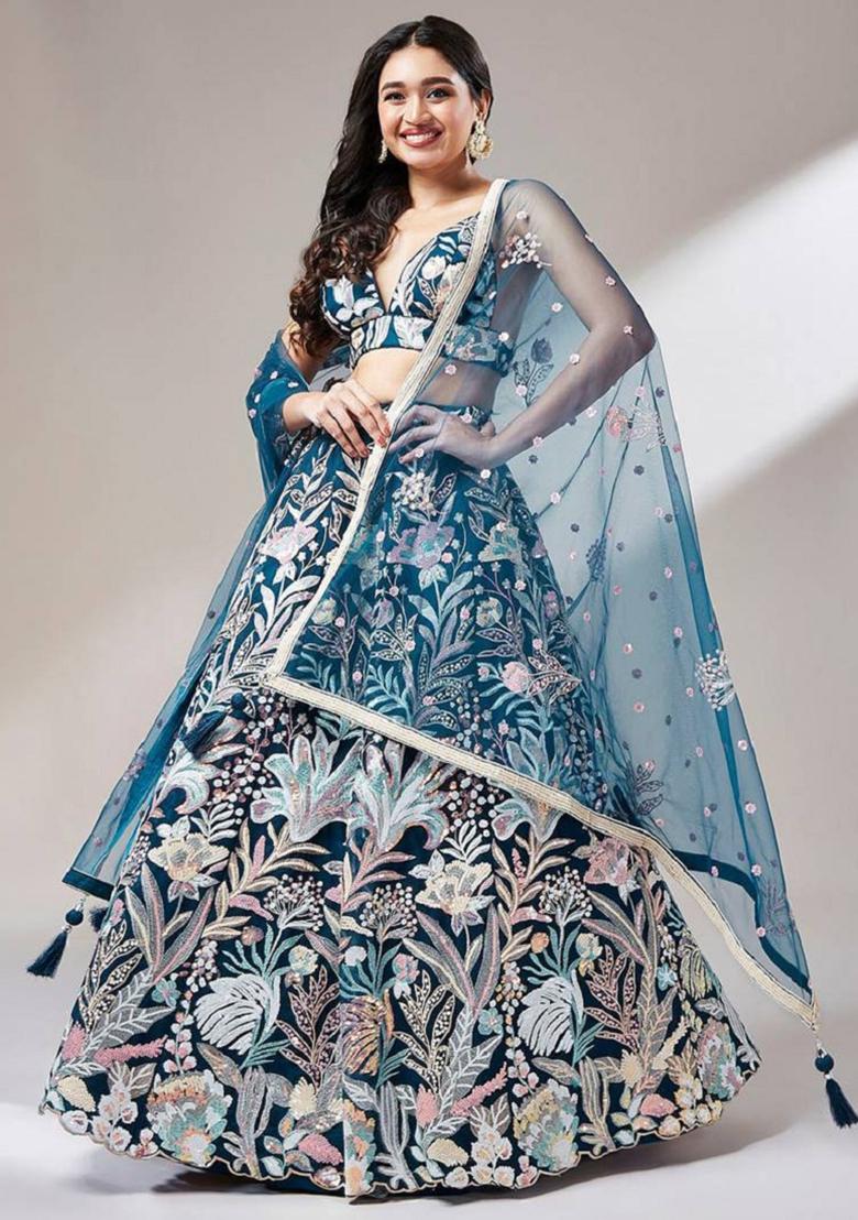 Blue Embroidered Net Lehenga Set