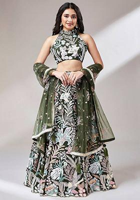 Green Embroidered Net Lehenga Set