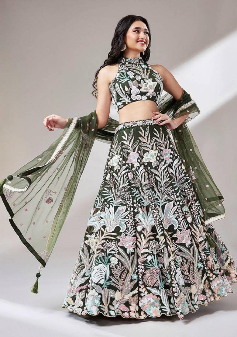 Green Embroidered Net Lehenga Set
