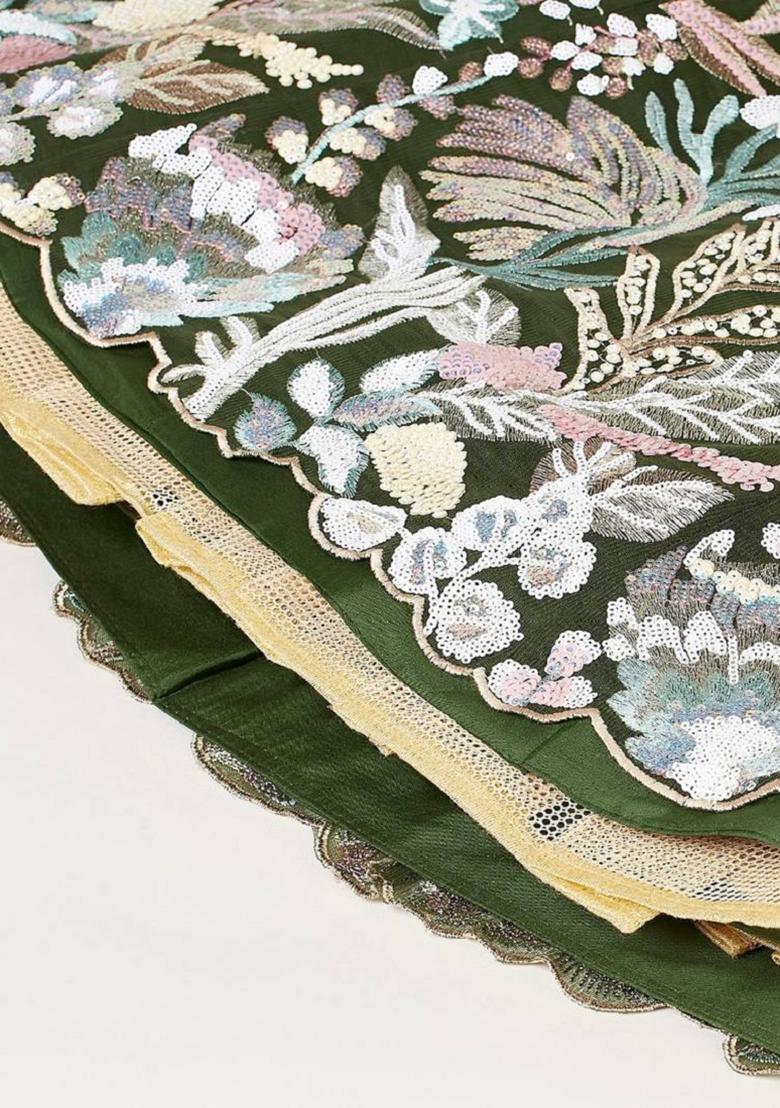 Green Embroidered Net Lehenga Set