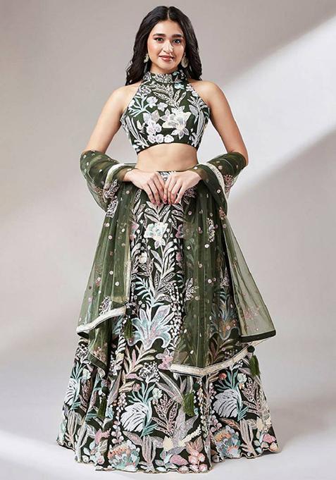 Green Embroidered Net Lehenga Set