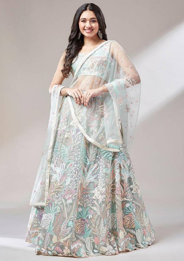 Sea Green Embroidered Net Lehenga Set