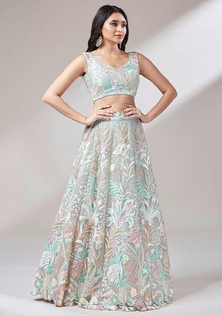 Sea Green Embroidered Net Lehenga Set