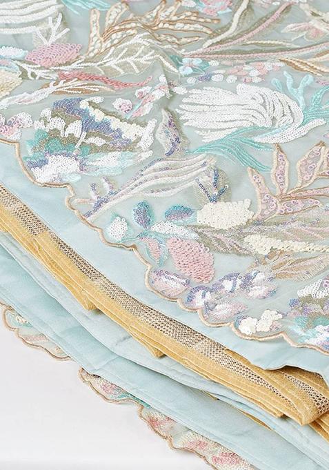 Sea Green Embroidered Net Lehenga Set