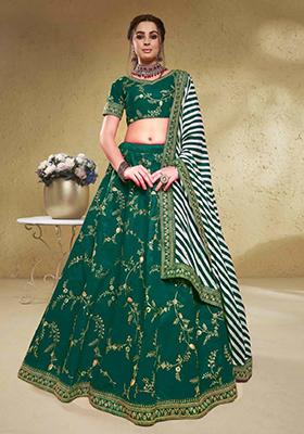 Green Embroidered Art Silk Lehenga Set