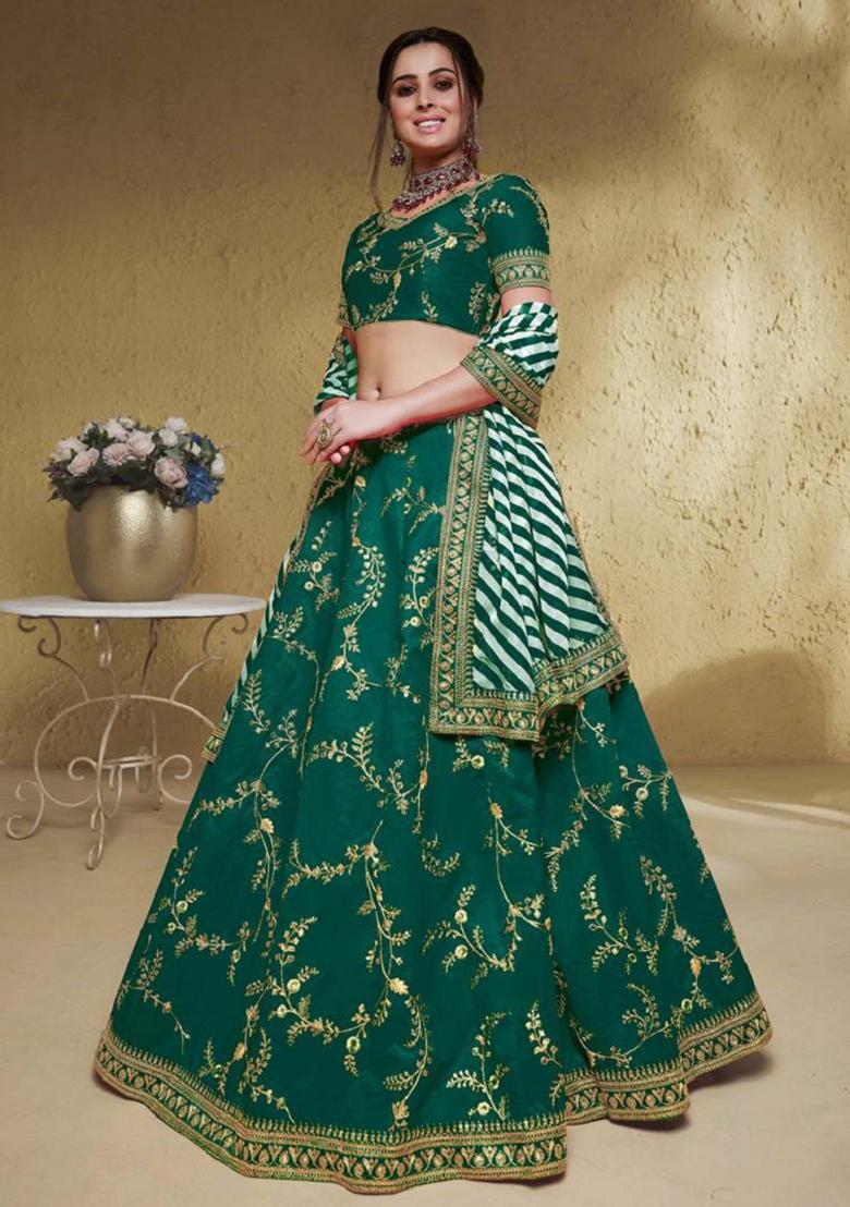 Green Embroidered Art Silk Lehenga Set