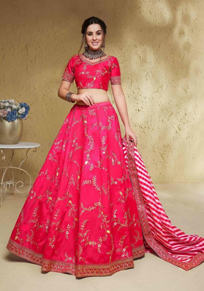 Pink Embroidered Art Silk Lehenga Set