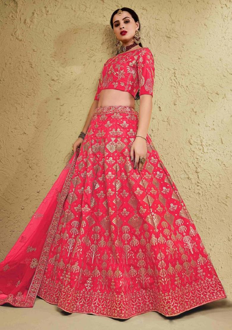Peach Embroidered Silk Lehenga Set