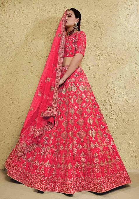 Peach Embroidered Silk Lehenga Set