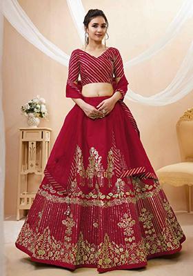 Red Embroidered Art Silk Lehenga Set