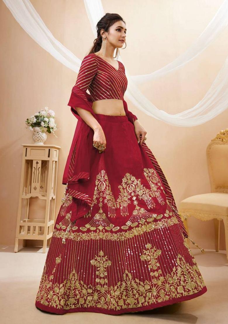 Red Embroidered Art Silk Lehenga Set