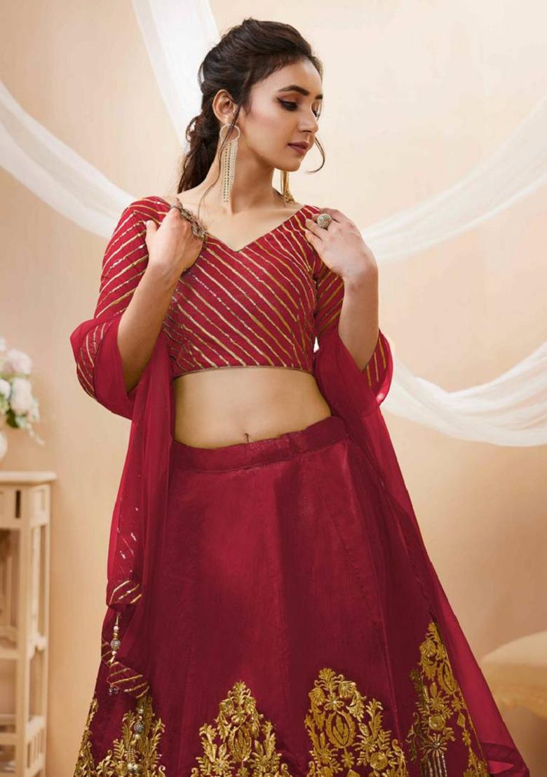 Red Embroidered Art Silk Lehenga Set