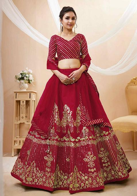 Red Embroidered Art Silk Lehenga Set