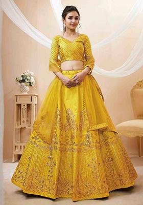 Yellow Embroidered Art Silk Lehenga Set