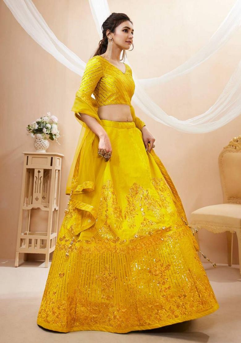 Yellow Embroidered Art Silk Lehenga Set