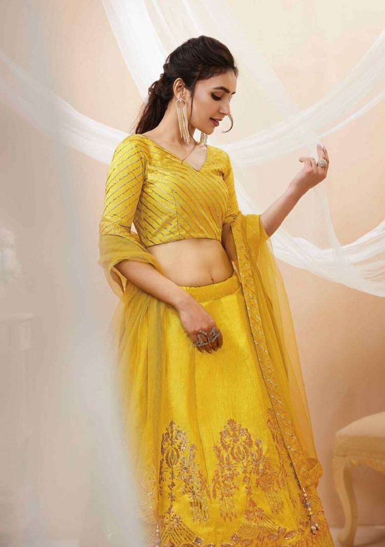 Yellow Embroidered Art Silk Lehenga Set