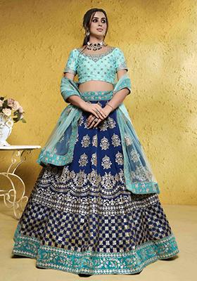 Blue Embroidered Silk Lehenga Set