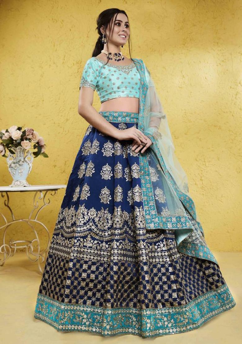 Blue Embroidered Silk Lehenga Set