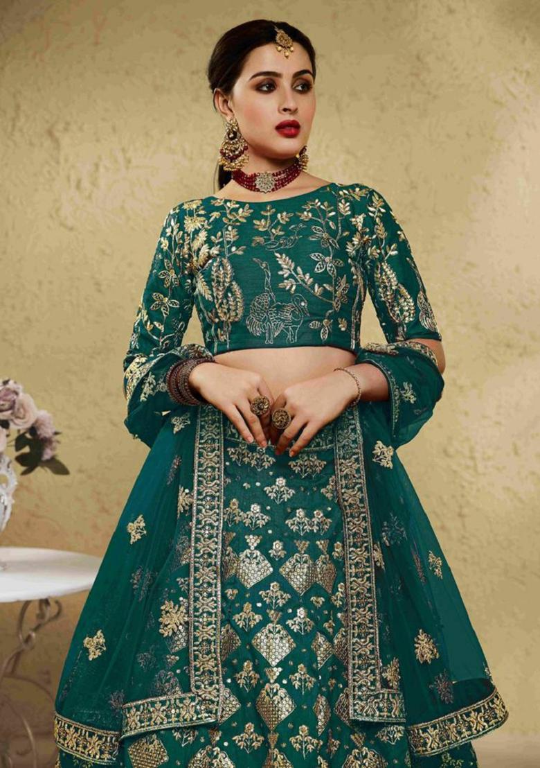 Green Embroidered Silk Lehenga Set