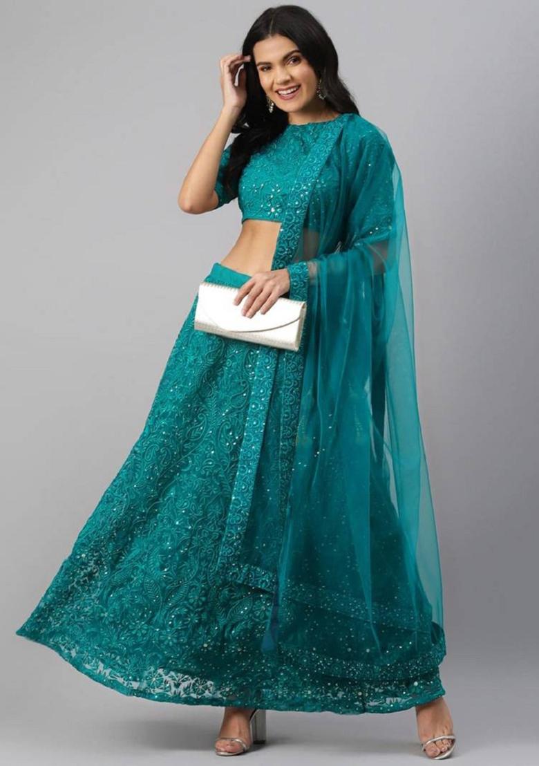 Teal Green Embroidered Net Lehenga Set